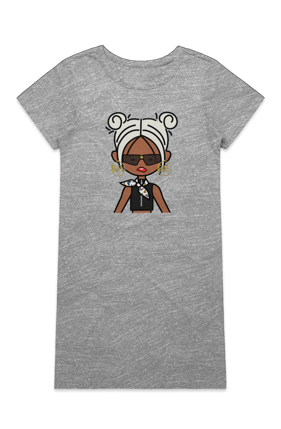 Organic Cotton T shirt dress with cute cool girl illustration