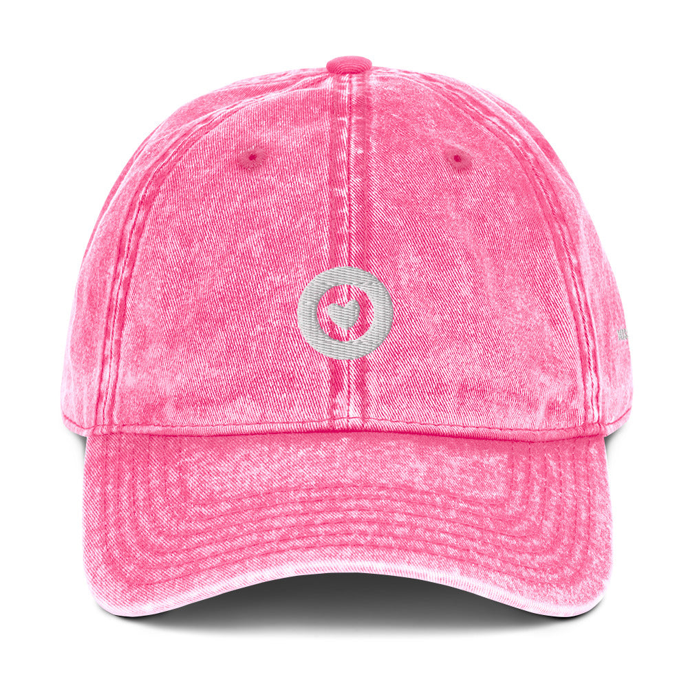 Pink vintage baseball hat with heart in circle logo, Miss O Cool Girls brand