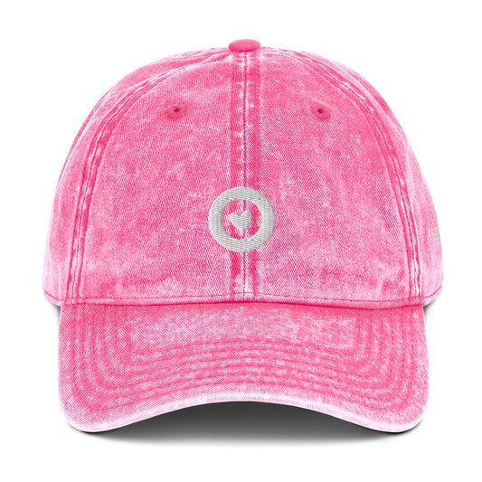 Pink vintage baseball hat with heart in circle logo, Miss O Cool Girls brand